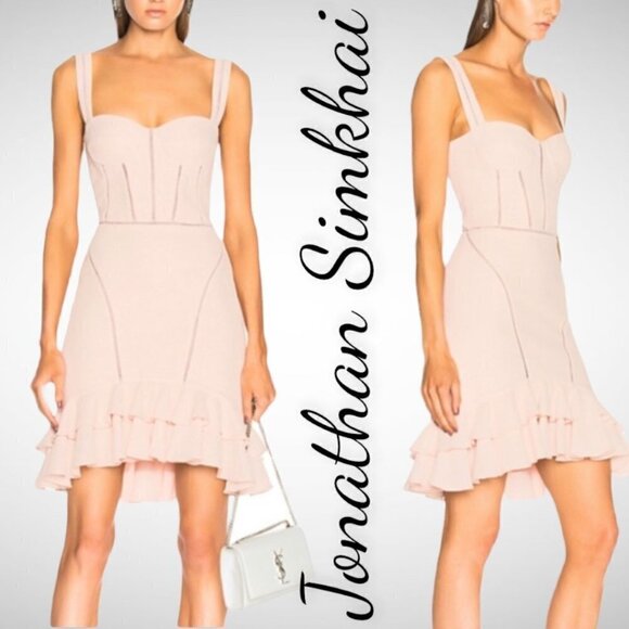 JONATHAN SIMKHAI Powder Pink Bustier Ruffle Wool Blend Mini Dress, Size 4 - Picture 5 of 10